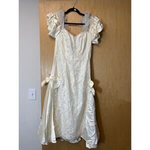 VINTAGE 80s Dress Womens White Satin Lace Puff Sleeve Bow Wedding Bridal Size 9